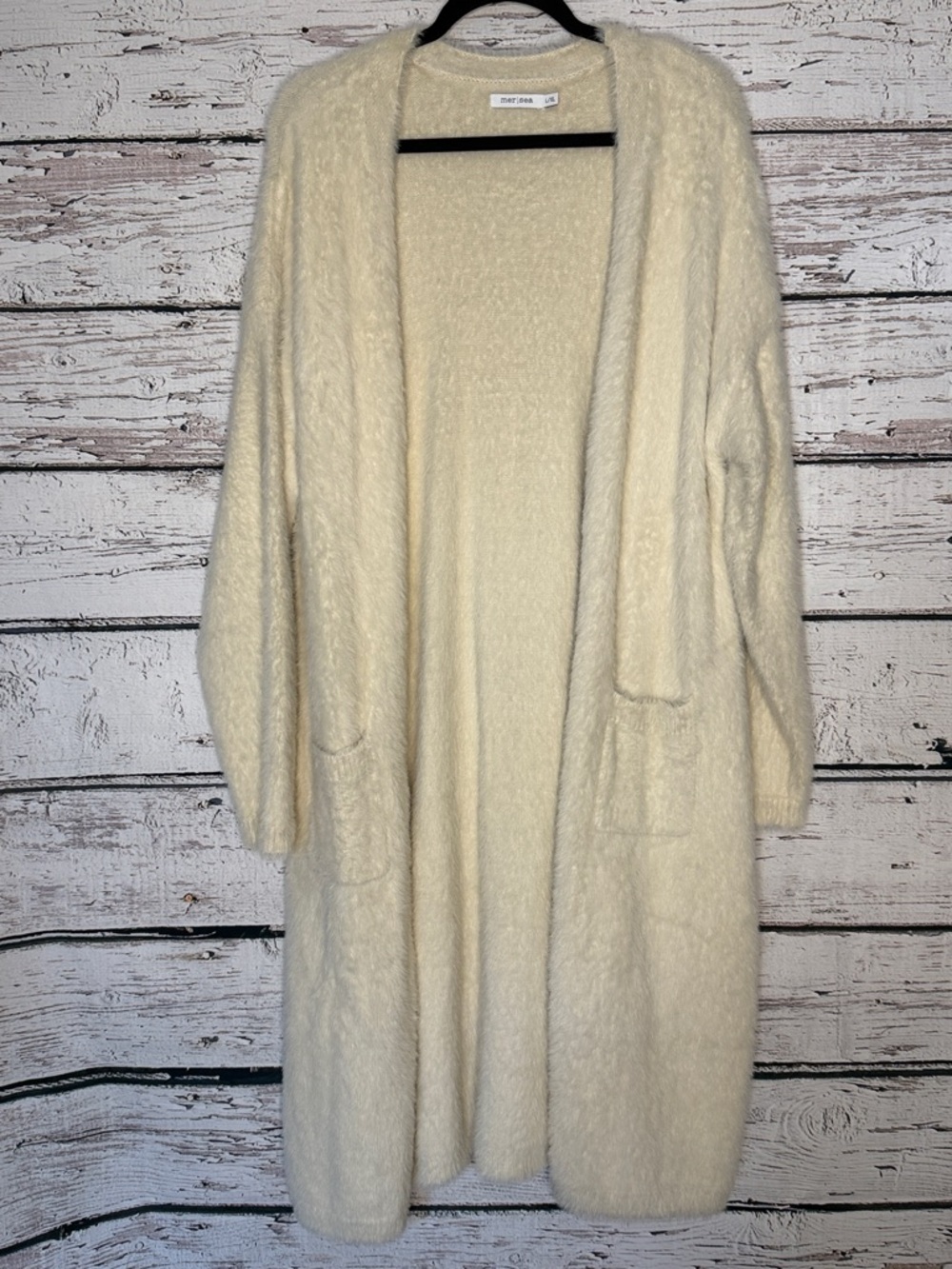 Mersea fuzzy cream nylon heavy sweater cardigan duster
